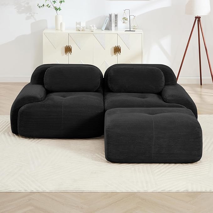 80" Modern Compressed Boneless Love Seat Couches with 1 Ottoman, 2 Seater Large Sectional Couches for Living Room, Black Corduroy Cloud Modular Sectional Sofa, Memory Foam, Deep Loveseat, No Assembly