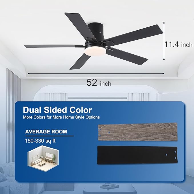 Rayqueen 52 Inch Ceiling Fans with Lights and Remote,Flush Mount Black Ceiling Fan,6 Speed Reversible DC Motor,3CCT Dimmable LED-Low Profile Design for Bedroom, Living room & Covered Outdoor