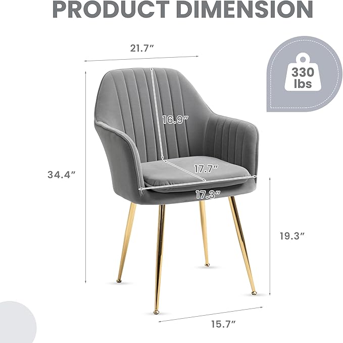 ECOTOUGE Modern Dining Chairs Set of 4, Upholstered Dining Room Chairs with Golden Metal Legs, Matte Velvet Kitchen Chairs for Dining Table, Accent Chairs for Living Room, Grey