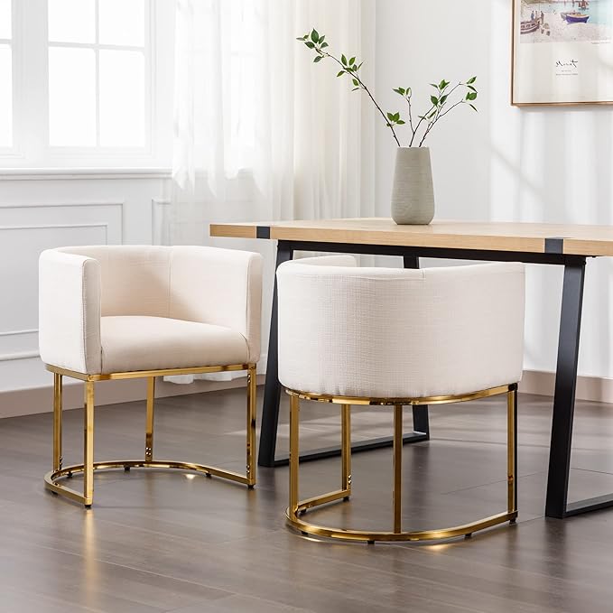 Linen Fabric Dining Chairs Set of 3 Modern Barrel Arm Chairs with Golden Frame, Upholstered Kitchen Chairs 18.5" Wide Accent Chairs for Living Room Dining Room Restaurant, Cream