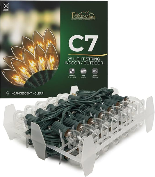 C7 26ft Indoor/Outdoor Clear Incandescent Christmas String Lights with 25 Bulbs and E12 Base | 120V, 5W