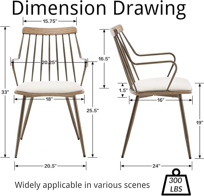 Modern Dining Chairs Set of 2, Upholstered Dining Chairs with Metal Leg, Wood Kitchen Chairs with Fence-Like Back and Curved Arm for Dining Room Kitchen Restaurant Reception (Beige)