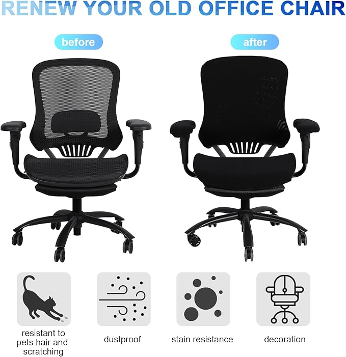 Tallew 4 Pcs Office Chair Covers Set Computer Universal Protective Stretchable Chair Seat Covers Desk Armrest Slipcovers Pads Office Cushion Backrest for Rotating (L,Black)