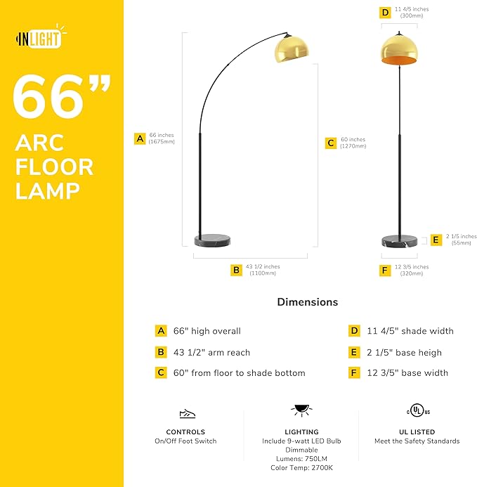 GETINLIGHT Inlight 66" Modern Antique Brass Arc Floor Lamp with Inner Gold Metal Shade and Black Marble Base, Bulb Not Included, IN-0806-1-AG