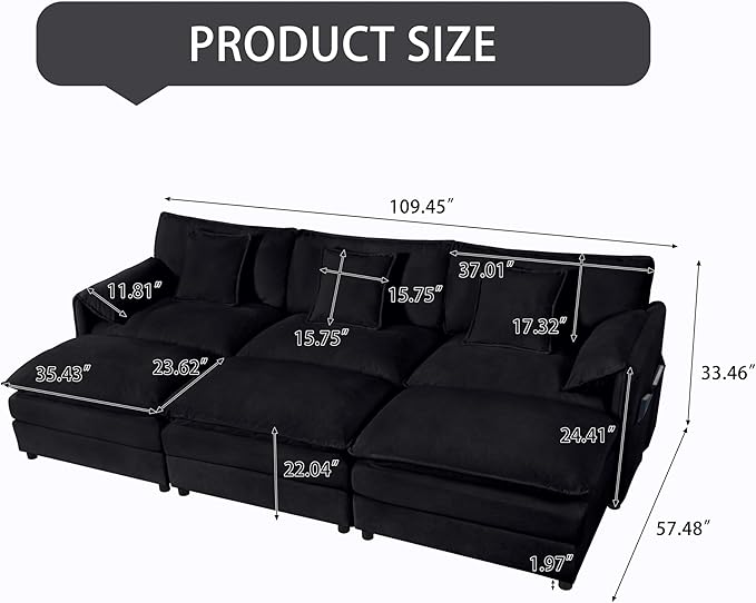 109.45" Oversized Extra Deep Seat Modern Chenille Cloud Couch, Large 3 Seater Modular Sofa for Living Room,Convertible Sofa Bed,Bedroom Apartment Office(Black, 109.45 Inch+3Ottoman)