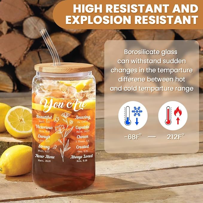 Christian Gifts for Women - Inspirational 16 Oz Can Glass Coffee Cup with Bamboo Lid & Straw - Religious Motivational Catholic Gifts for Womens Ladies
