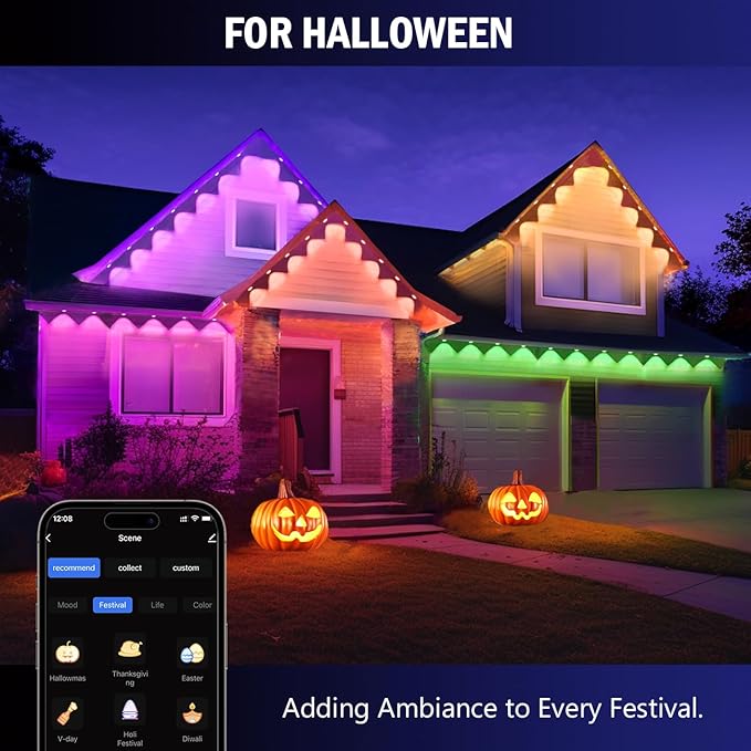 wowlite Permanent Outdoor Lights 50FT, RGBIC Smart Eave Lights with 36 LEDs, IP67 Waterproof, 110+ Scene Modes for House, Daily & Holiday Decorations, Christmas, Compatible with Alexa & Google