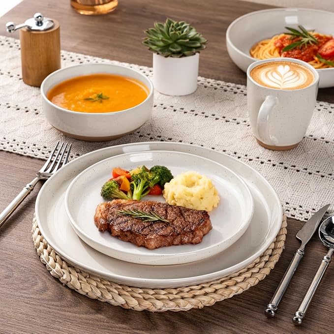 AmorArc Ceramic Dinnerware Sets with Pasta Bowls for 4, Handpainted Plates and Bowls Set with Rustic Terracotta Underside, Scratch Resistant Dishes Set, Dishwasher & Microwave Safe, 16 Pcs
