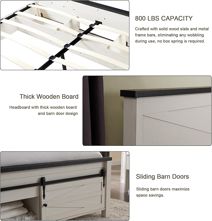 JXQTLINGMU Farmhouse Queen Size Bed Frame with 47" Tall Headboard, Wood Queen Bed Frame with Storage Cabinet, Solid Wood Slats Support, Noiseless, No Box Spring Needed (Antique White)