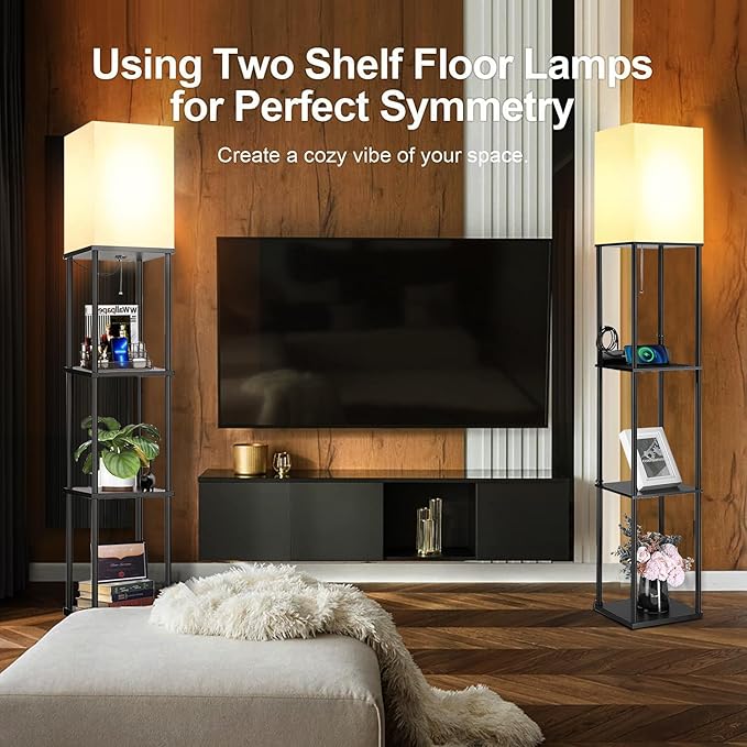 2 Packs Floor Lamp w. Shelves Including 2AC Outlets & 2USB Ports 9W LED Light Bulb 3 Color Temperature Soft/Cool/Daylight White w. 1PC 2 Prong to 3 Prong Adapter for Living Room/Bedroom