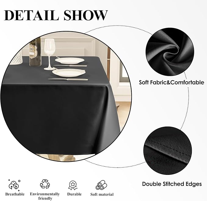 Square Tablecloth 52 x 52 Inch Black 2 Pack Tablecloths Stain-Wrinkle Resistant Washable Polyester Table Cloths for Holiday, Buffet Parties,and Wedding