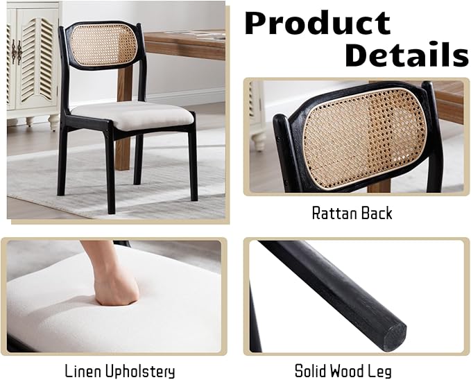 EALSON Farmhouse Rattan Dining Chairs Set of 6 Modern Mid Century Dining Room Chairs Upholstered Linen Kitchen Side Chairs with Cane Back/Black Wood Frame for Living Dining Room,Beige