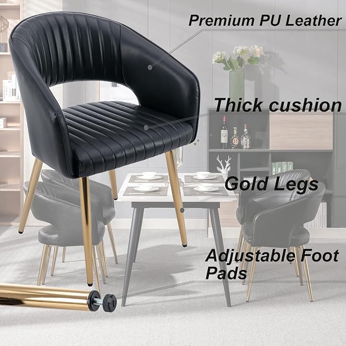 Modern Dining Chairs Set of 4, Upholstered PU Leather Gold Dining Room Chairs with Hollow Back, Accent Armrest Kitchen Chairs with Gold Legs for Living Room Black