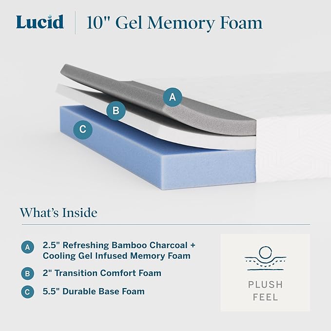 Lucid 10 Inch Memory Foam Mattress - Plush Feel - Infused with Refreshing Bamboo Charcoal and Cooling Gel - Bed in a Box - Temperature Regulating - Pressure Relief - Breathable - California King Size