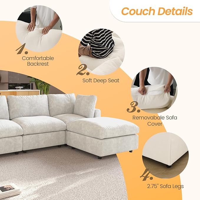 JACH L Shape Sectional Couches for Living Room, Deep Seat Convertible Modular Sofa, Cloud Sectional Couch, Sofa Covers Washable, Minimalist Modern Couch for Living Room, Apartment, Beige