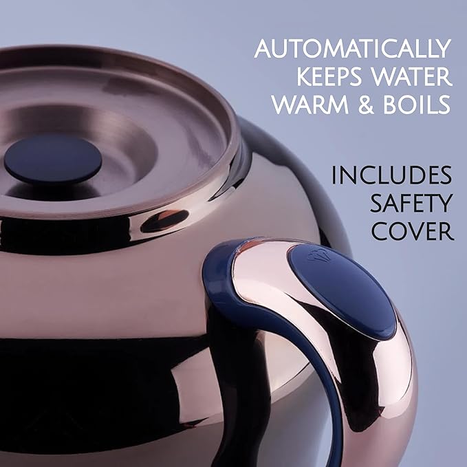 Korkmaz Hanedan A843-05 Stainless Steel Samovar, Upper Pot 1.3 L (43.9 Oz), Bottom Pot 3.5 L (118.3 Oz) Electric Turkish Tea Maker Set, Double Pots Tea Machine, Rosegold, 110 V US Plug, 5.1- Quart