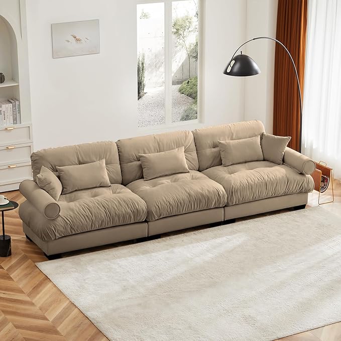 130" Oversized Couch, 3 Seater Modular Sectional Sofa, Camel Large Sectional Couches for Living Room, Fluffy Couch Set, Velvet Cloud Sofa with 5 Pillows, Deep Seat Sofas for Living Room