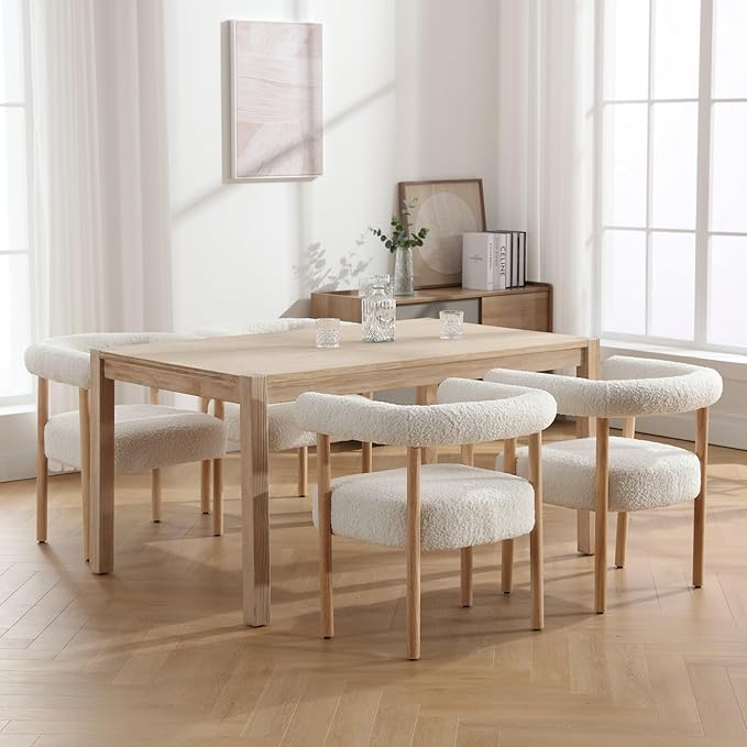 Mid-Century Modern Dining Chairs Set of 6, Armrest Barrel Dining Chairs Side Accent Chairs with Curved Back, Upholstered Wood Armchairs for Kitchen/Dining Room, Sherpa White