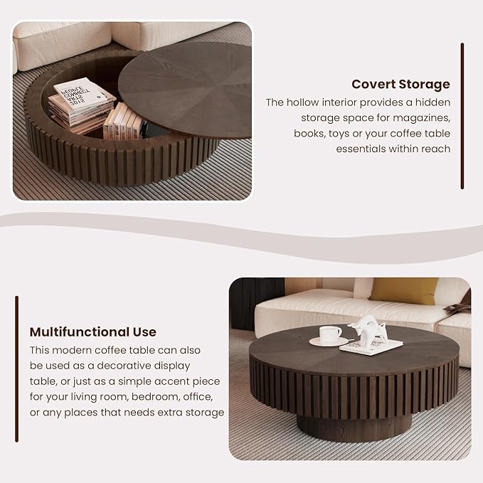 Round Drum Coffee Table with Storage for Living Room, Mid Century Modern Coffee Table with Sturdy Pedestal, Farmhouse Fluted Circle Center Table Accent Tea Table (31.5" Brown with Storage)