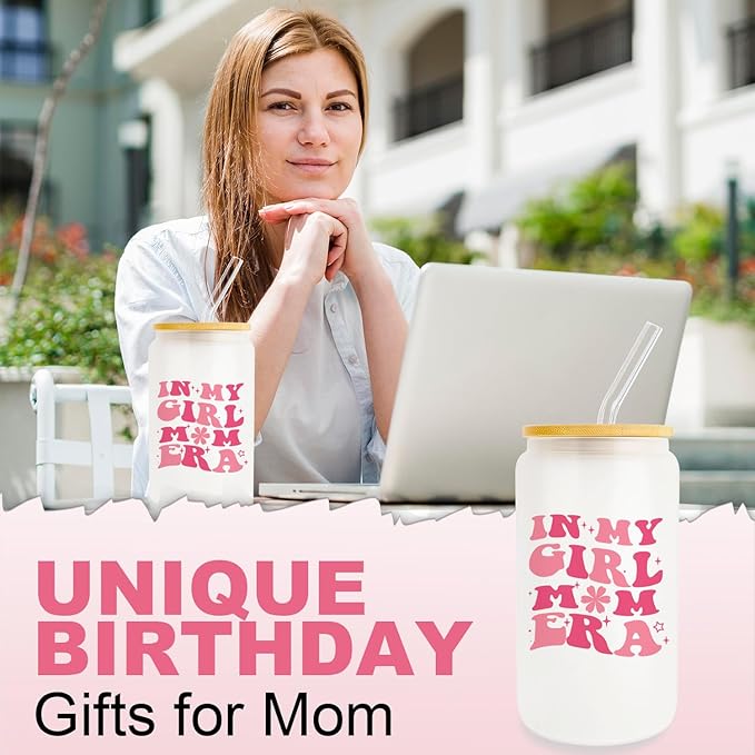 Gifts For Girl Mom, Girl Mom Gifts For Mom, New Mom, Gifts For a Mom of Girls, 16oz Glass Cup with Lid and Straw, Birthday Gifts For Pregnant Mom, Expecting Mom, Mama, Mom To Be
