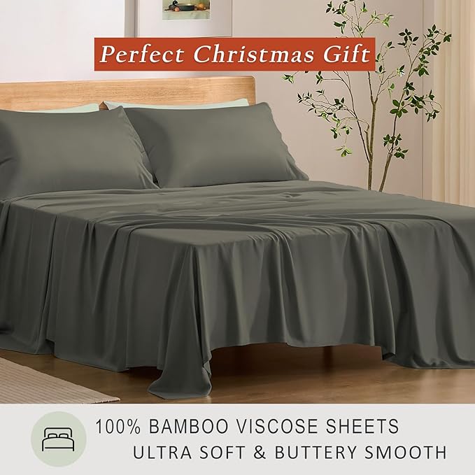 TOSMO Luxury Cooling Sheet Set - 100% Viscose from Bamboo, 4-Piece Bedding Set (Cal King Size) - 18” Extra Deep Pockets, Oeko-Tex Certified, Silky Soft and Breathable, Charcoal