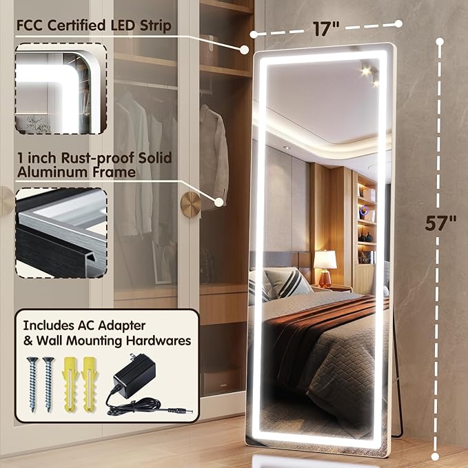 FENNIO Full Length Mirror with Lights, 57" x 17" LED Full Body, Free Standing Lighted Floor Mirror, Wall Mounted Hanging Mirror with Lights for Bedroom, Dimmable & 3 Color Lighting, White