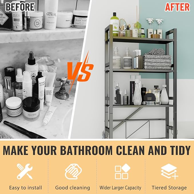 Over The Toilet Storage Cabinet, Metal 3 Tier Bathroom Organizer Shelf, Stable Freestanding Above Toilet Stand, Black