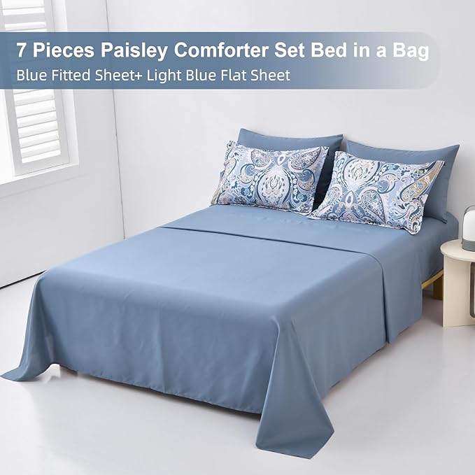 Drucon Blue Paisley Comforter Set King, 7 Pieces Bed in a Bag Boho Comforter Soft Microfiber Blue Paisley Bedding(1 Comforter, 1 Flat Sheet, 1 Fitted Sheet, 2 Pillow Shams, 2 Pillowcases)