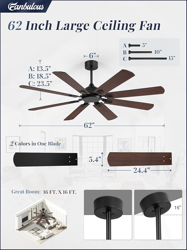 Fanbulous 62 Inch Ceiling Fans No Light with Remote, Modern Ceiling Fan Without Light, Dual Finish 8 Blades, Reversible Quiet DC Motor, 6 Speed, Large Ceiling Fan for Indoor or Covered Outdoor, Black