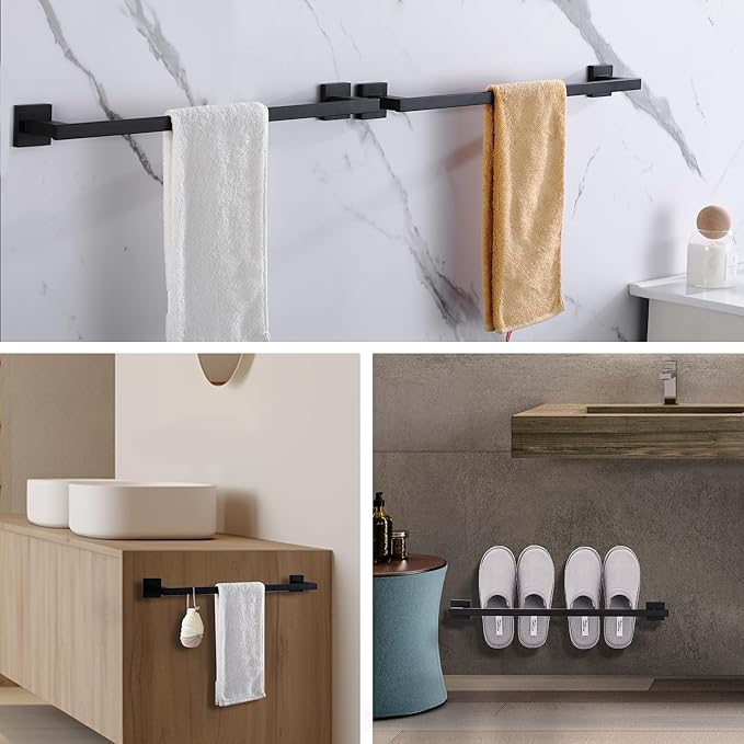 LANC Black Towel Bar for Bathroom Wall Mounted 16-Inche Matte Black Bath Towel Rack Stainless Steel Towel Rod for Cabinet Kitchen Towel Holder Towel Hanger Towel Rail, A9010MB-L4