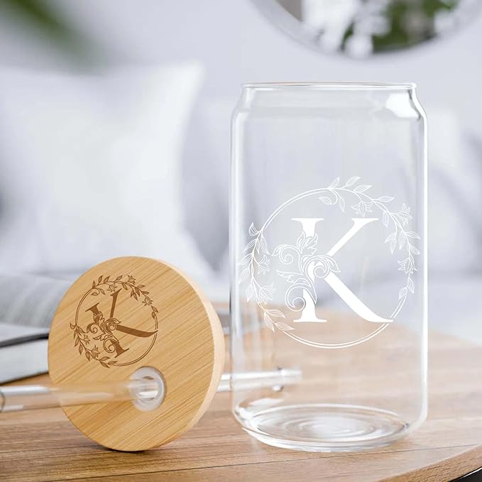 Personalized Birthday Gifts for Women Initial Glass Cup with Engraving Cup Lid Unique Monogrammed Presents Customized Gifts for Women Personalized Presents Presents for Her Mom Friend Birthday