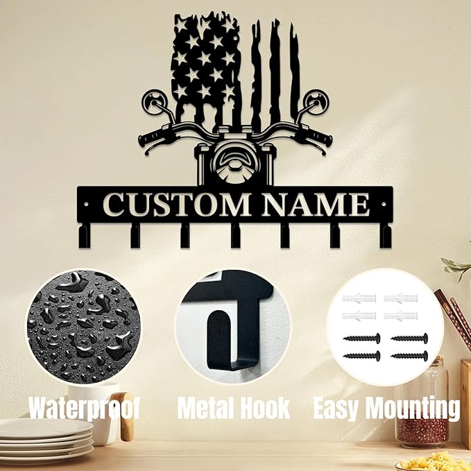 Personalized Custom Name Motorcycle Keys Hooks,Metal Motorcycle Art Clothes Keys Hooks,Metal Motorcycle Lover Wall Home Storage Decorative Keys Hooks,Key Holder Hooks for Wall (Style G)