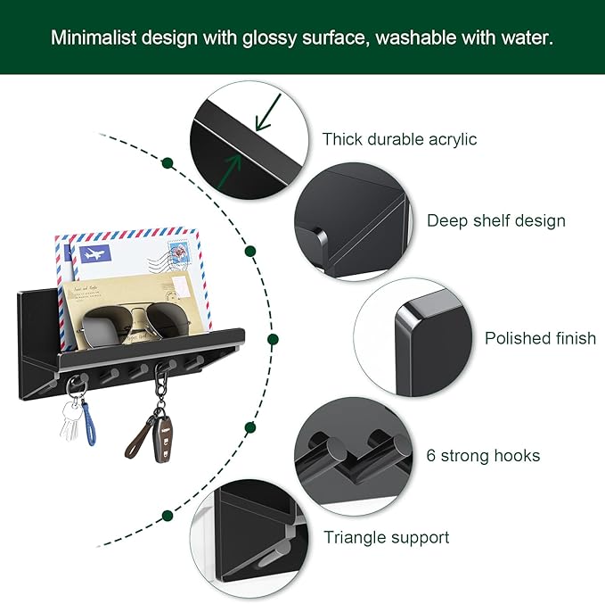 Decorative Acrylic Key Hooks Wall Mount with Shelf - Entryway Key Rack Mail Organizer Living Room Decor (Black)