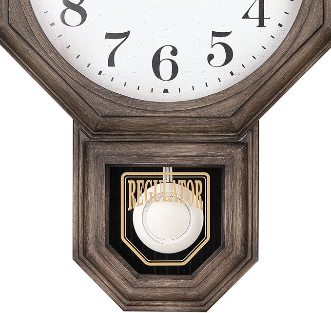 CLXEAST Pendulum Wall Clock, Large Schoolhouse Regulator Pendulum Wall Clocks for Living Room Decor,Dark Grey Oak Finished Plastic,House Warming Gifts New Home,12" W x 17.5" H
