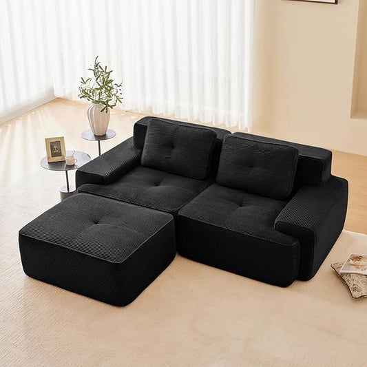 80" Modern Compressed Boneless Love Seat Couches with 1 Ottoman, 2 Seater Large Sectional Couches for Living Room, Black Corduroy Cloud Modular Sectional Sofa, Memory Foam, Deep Loveseat, No Assembly