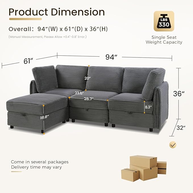 KKL Modular Sectional Sofa L-Shaped 4 Seater Couch with Storage Ottoman, Plush Wide-Wale Corduroy Couch for Living Room, Apartment, Modern Design, Gray