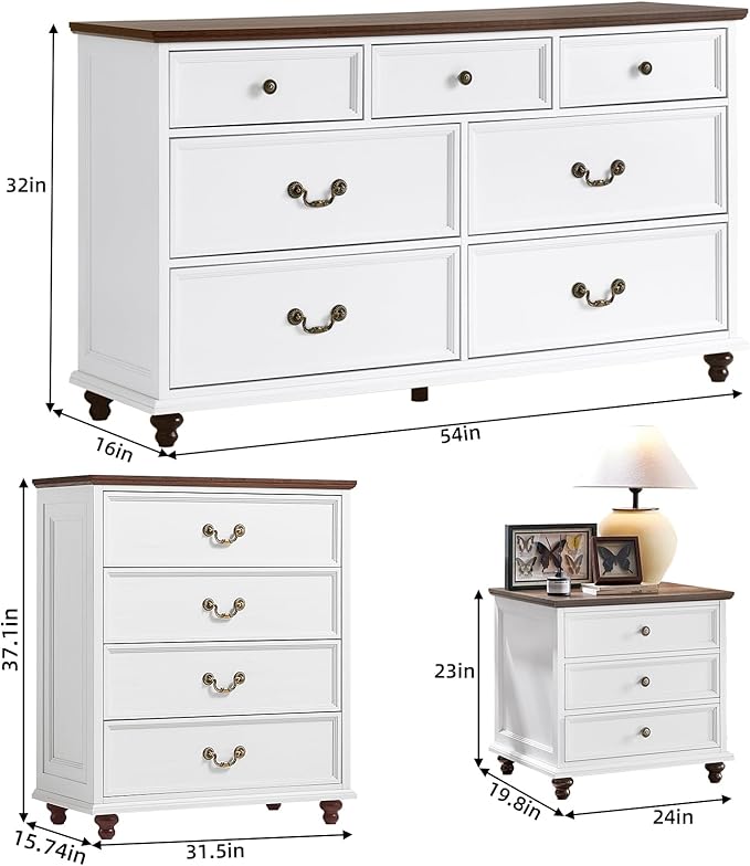 24" Wide Farmhouse Nightstand Set of 2, 37" Tall Rustic Chests of Drawers w/ 4 Solid Wood Feet, Farmhouse Furniture Series for Living Room,Bedroom,White