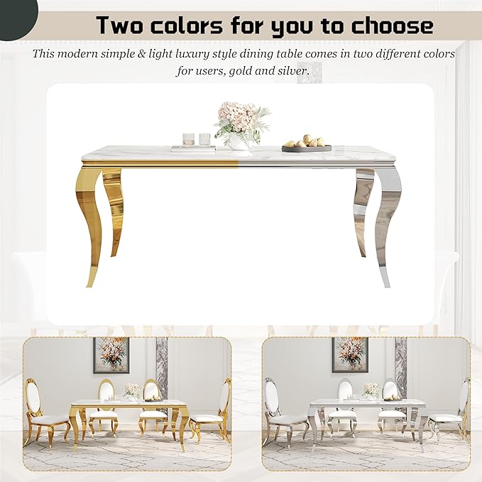 7-Piece Dining Table Set for 6, Faux Marble Modern Dining Table Set with 6 Big Oval Backrest Chairs, 70“ Stainless Steel Legs Table & Chair Set for Kitchen, Dining Room, White & Silver