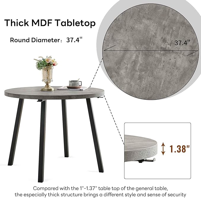 5-Piece Round Table Set for 4, 37.4" Grey Round Table with Hooks, Solid MDF Tabletop, Industrial Kitchen Table with Brown PU Dining Chairs for Living Room, Dining Room