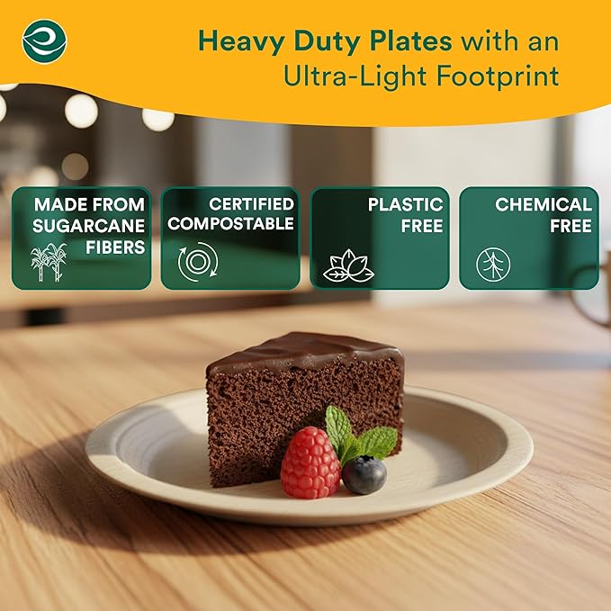 ECO SOUL Compostable Paper Plates 6 Inch (500 Count) Plates for Christmas Dessert, Heavy Duty, Eco-Friendly Sugarcane Bagasse Small Plates For Appetizer- Natural Brown
