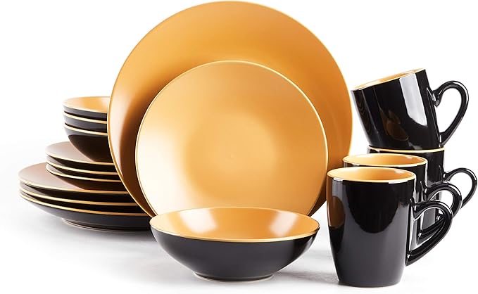 Stoneware Two-Tone Colors Life 16pc Dinner Set，Outside Shiny Black + Inside Matte Glaze Curry