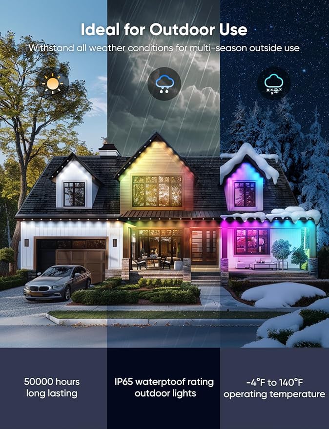 APPECK Permanent Outdoor Lights 50ft,RGBW Eaves Light with 36 LED Lights,111+ Scenes Modes Outdoor Lighting, Waterproof Permanent Light for Daily Holiday Halloween Decorations, Works with Alexa,White