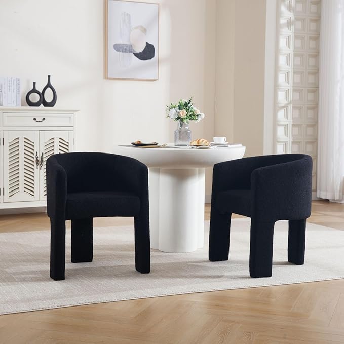 Modern Sherpa Barrel Dining Chairs Set of 2, Upholstered Boucle Dining Chairs Accent Chairs with Arms Comfy Makeup Vanity Chairs, Dining Living Room Kitchen Chairs, Black