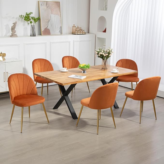 Velvet Dining Chairs Set of 4, Upholstered Mid Century Modern Dining Chairs, Armless Accent Chair with Metal Gold Legs for Living Room, Kitchen, Dining Room, Orange