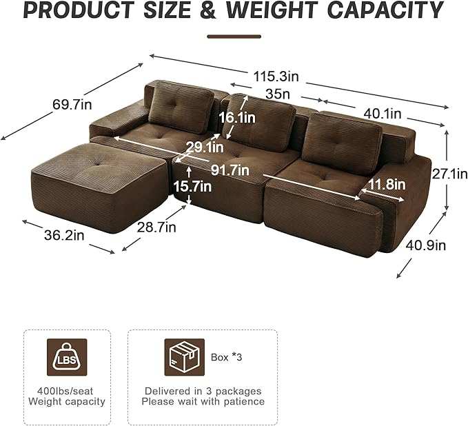 115" Modern Compressed Boneless Couch with Ottoman, 3 Seater Large L Shaped Sectional Couches for Living Room, Brown Corduroy Cloud Modular Sectional Sofa, Memory Foam, Extra Deep, No Assembly