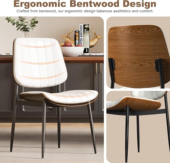 Modern Green Leather Dining Chair Set of 6, Bentwood Backrest & Black Metal Frame Ergonomic Comfort, Sustainable Style, Multi-Space Versatile, Beige