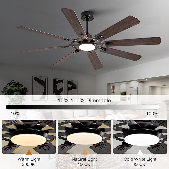 BOOMJOY Dimmable 72 Inch Black Outdoor Ceiling Fans with Lights and Remote Control, 8 Blades Large Outdoor Ceiling Fans for Patios,Big Bedroom Ceiling Fan for Indoor Living Room
