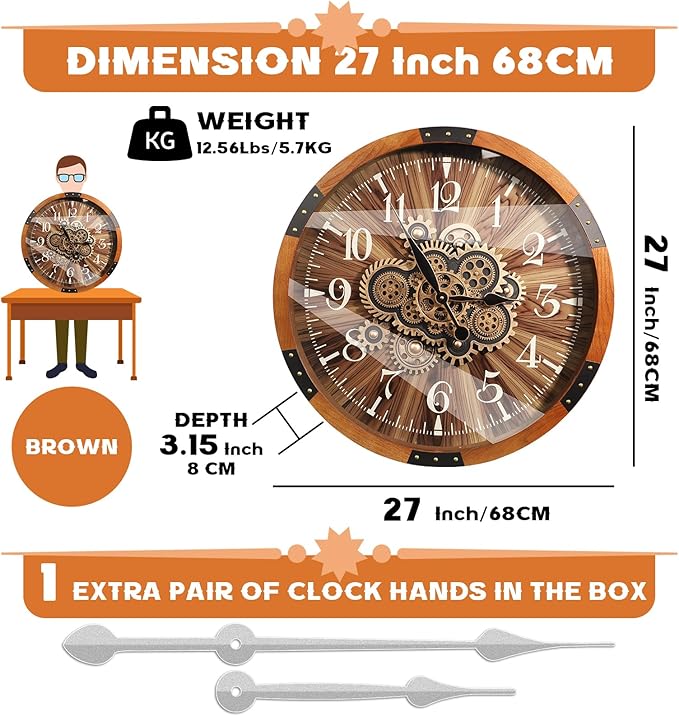Wall Clocks for Living Room Decor, Large Real Moving Gears Clock, Vintage Industrial Oversized Rustic Farmhouse Kitchen Office Fireplace Wall Decor (Brown, 27 inch)