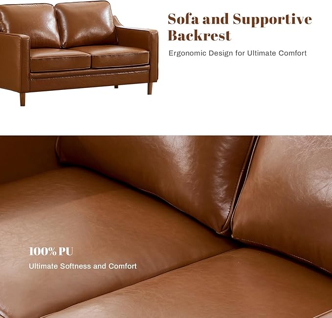 Kingfun Living Room Furniture Sets, 2 Armchair and Loveseat, Mid Century Modern Sofa Set, Faux Leather Couch with Solid Wood Frame for Living Room & Bedroom, Dark Brown