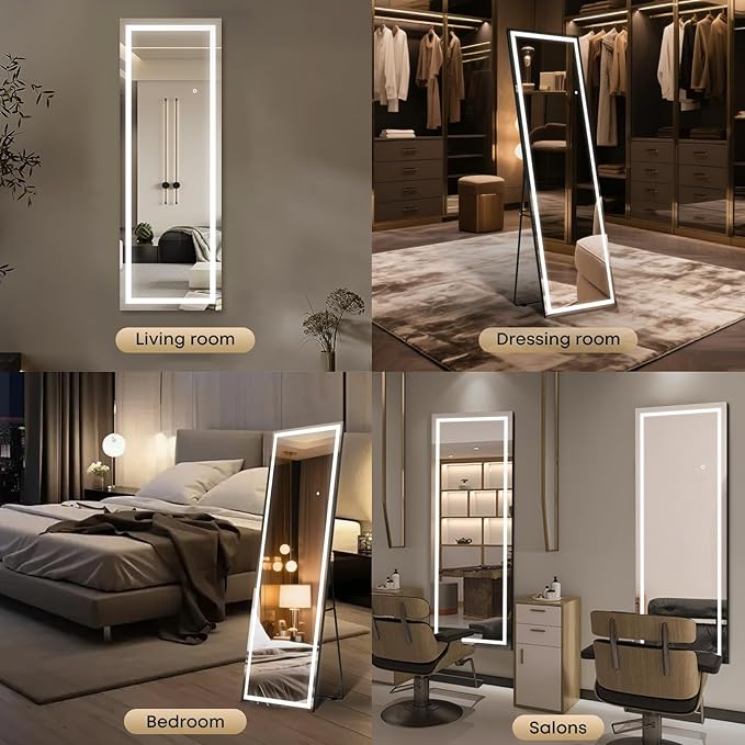 Kosmonia 65x22 Frameless Full Length Mirror, Dimmable 3 Color LED Light w/Memory Function, Distortion Free, HD Reflection & Anti Desilvering, Tempered Glass & Shatter Proof Film Doubling Safety